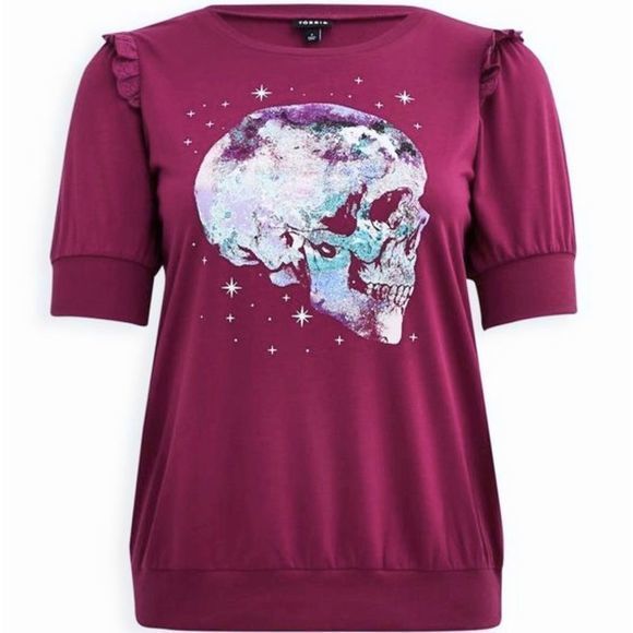 Torrid French Terry‎ Short Sleeve Purple Skull Lightweight Sweatshirt 5X - Picture 5 of 12